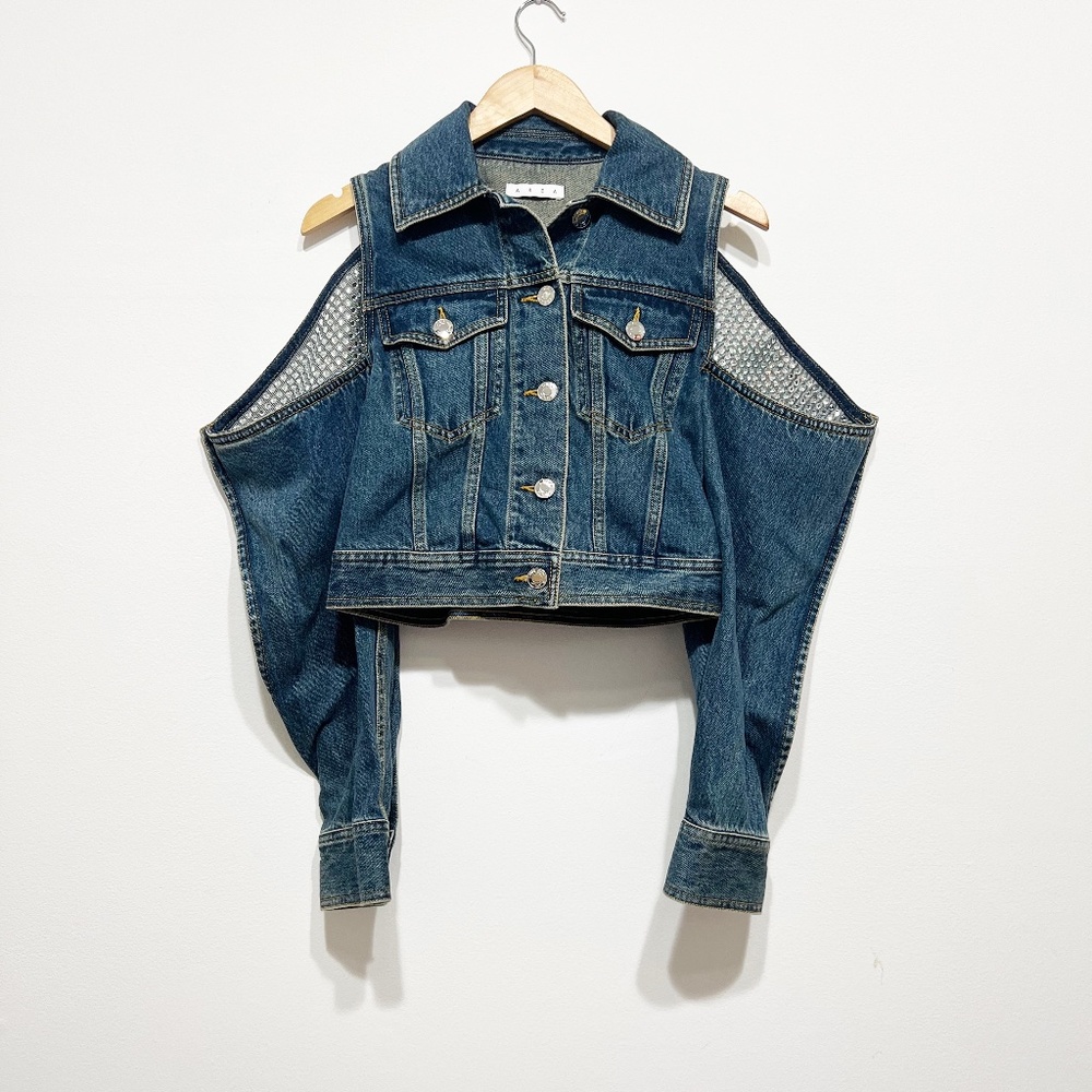 Area Cutout Crystal Jewel Diamond Embellished Denim Jean Cotton Jacket Blue XS